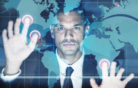 Digital big data cloud computer man, futuristic web graphs and digital transformation with...