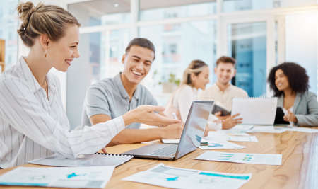 Teamwork, innovation and planning of team on laptop working on data, survey or marketing research....