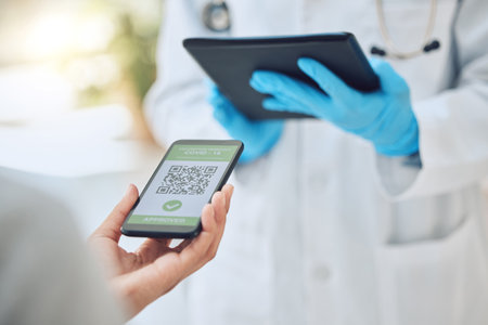 Digital covid vaccine qr code, phone immunity certificate and healthcare passport for medical doctor...