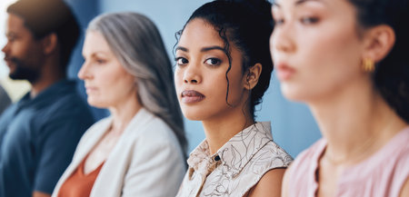 Training, learning and education with a business woman looking serious and sitting in a conference...