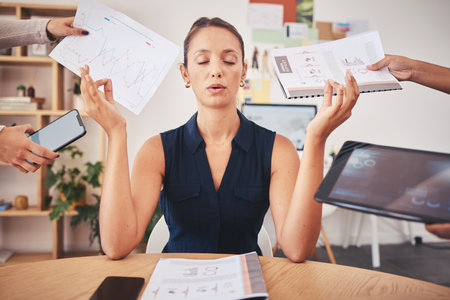 Business woman with work stress doing meditation, employee and worker breathing for peace, wellness...