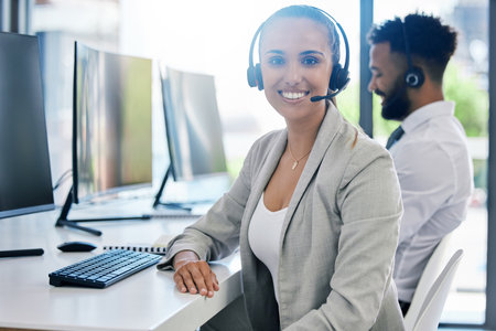 Call agent, woman and portrait smile at desk in customer service consulting company office. Happy,...