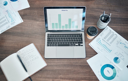 Business planning, finance and marketing with laptop on office table or desk. Social media...