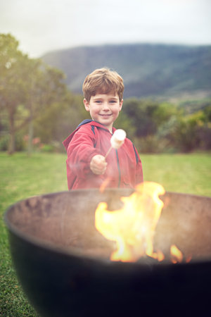 Roasted marshmallows are the best. Portrait of a little boy roasting a marshmallow over a fire.の写真素材
