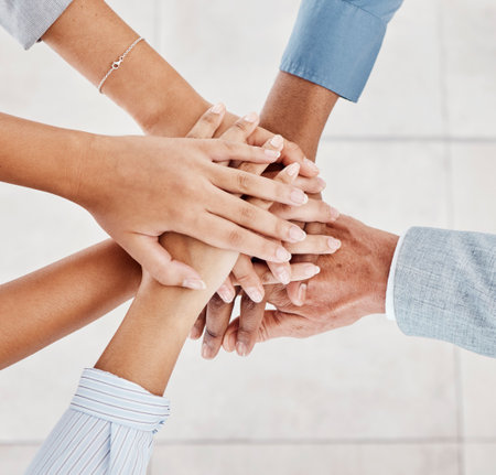 Teamwork hands, collaboration and motivation of business people, trust and growth mission with...