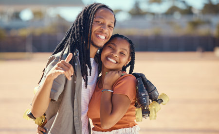 Roller skater, love and happy couple in summer enjoy living a healthy, wellness active lifestyle...