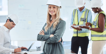 Success, confident and leadership engineer woman, architect or business manager working in design...