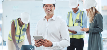 Architect, engineer and designer working on tablet, planning construction building job on mobile app...