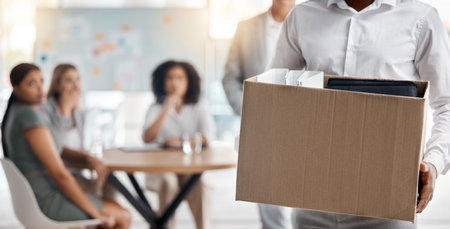 Business man fired, unemployed box and dismissal from job in office for stress, depression and fear...