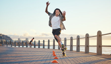Roller skating, man and fun sports by ocean, sea or beach in Florida in freedom exercise, workout...