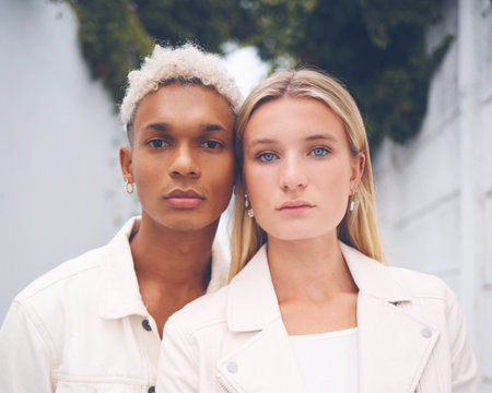 Model designer, love and diversity couple portrait of couple or friends in street style or spring clothing at work. Partnership, influencer and design with beauty, creative and stylish man and womanの写真素材