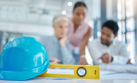 Ruler, helmet or architecture meeting tools or engineering equipment with architect or building...