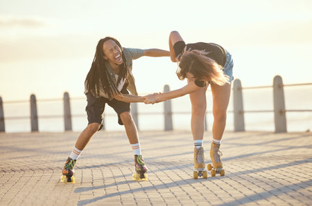 Freedom, fun and happy couple laughing and roller skating outdoors together, positive, playful and...