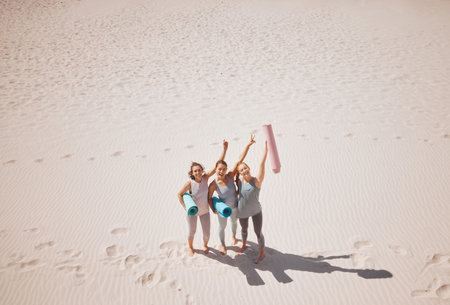 Yoga fitness team on beach, friends training in nature and peace hand sign for exercise by the sand mockup in summer, meditation holiday and pilates on vacation. Portrait of pilates people in Mexicoの写真素材