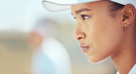 Tennis player face, sports game and woman training for competition on court for health, motivation...