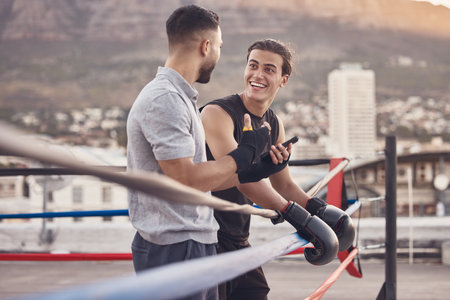 Boxing ring, strong men at outdoor gym talking fight strategy for fitness motivation, coaching goal...