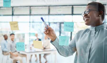 Presentation, marketing meeting and planning with a female leader, manager or CEO in a workshop for training and development. Ideas and strategy to achieve vision and mission target with coachの写真素材