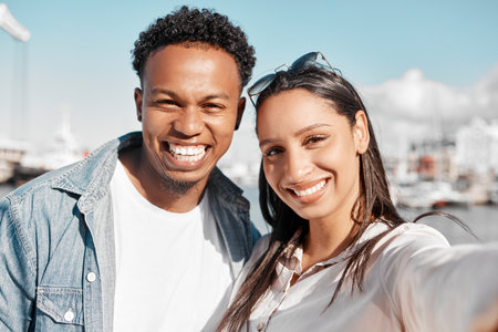Couple, selfie and love bond on summer date in California by harbor, ocean and sea. Portrait, smile...