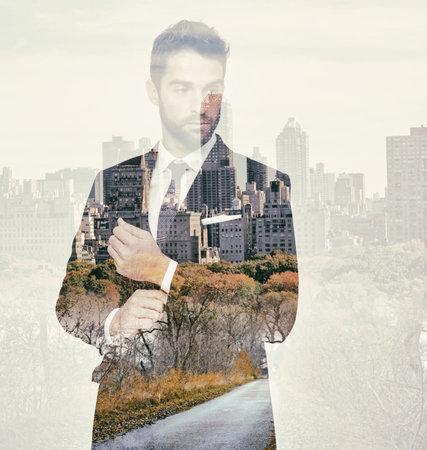 Ready for the city. Composite image of a well-dressed man superimposed on an image of a city and forest.の写真素材
