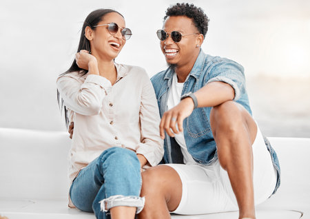 Couple, laughing or love bond on yacht in Miami, Florida for summer date, party event or anniversary celebration. Happy smile, comic man and woman on luxury boat for relax holiday or travel vacationの写真素材