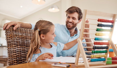 Learning, child and homework with father and daughter giving high five to celebrate achievement,...