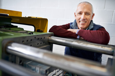 Everything is in perfect working order. Portrait of a mature man standing next to machinery in a...