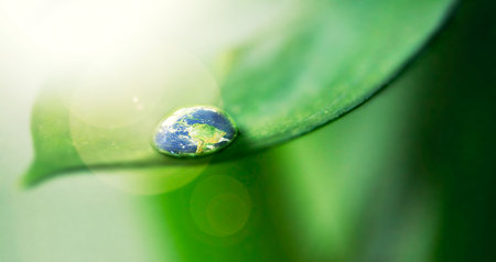 Life-giving water. Closeup shot of the earth reflected in a water droplet on a leaf.の写真素材