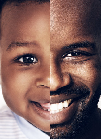 He was one cute baby. Split portrait of man as his younger and older self.の写真素材