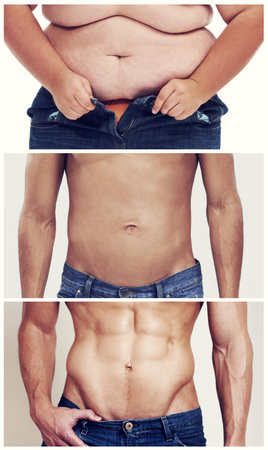 Revealing the ab in flab. Sequence shot of a mans weight loss.の写真素材