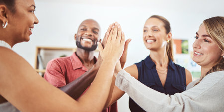 High five, business teamwork and global success with black man, women and creative collaboration....