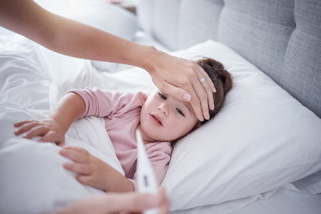 Sick, virus and fever child bedroom with mother feeling hot forehead, thermometer temperature and...