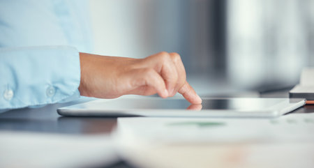 Business woman, hand and digital tablet for software to monitor employee performance or business...