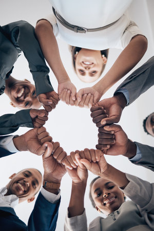 Team building, community and fist or hands for support, trust and teamwork for networking,...