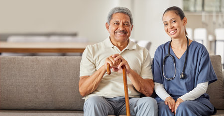 Consulting nurse, senior man and healthcare communication, planning medicine in nursing home and...