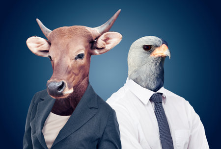 Welcome to the corporate jungle. Conceptual image of animal heads on business people.の写真素材