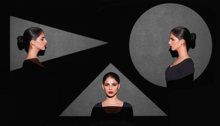 She comes in all shapes. A beautiful fashion model highlighted by a shaped portion of light.