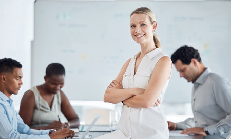 Manager, leader and proud woman boss with diverse team of executive business men and women....