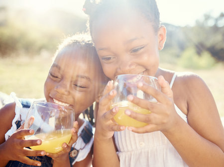 Juice, kids and happy siblings on a picnic in joyful care and smiling in nature on holiday vacation. Black children in healthy living with smile together drinking vitamin C fruit in outdoor happinessの写真素材
