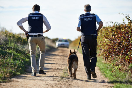 Starting their investigation. Rear view shot of two policemen and a police dog walking down a dirt...