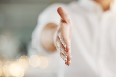 Handshake, deal agreement or b2b partnership success with office worker hand. Thank you, welcome or crm business meeting greeting for onboarding, contract or successful company recruiting hiringの写真素材