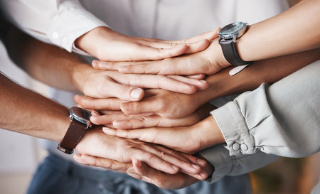Business teamwork hands, support and collaboration in motivation for goal, vision and success...