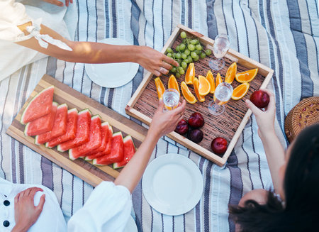 Hands, picnic and fruits of friends with wine at park eating and drink luxury, nutrition and grape...