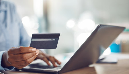 Ecommerce, online shopping and credit card payment on a laptop via the internet for easy and fast...