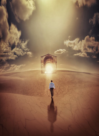 Walking towards a door to another plane. a man walking towards a door to another plane of existence...