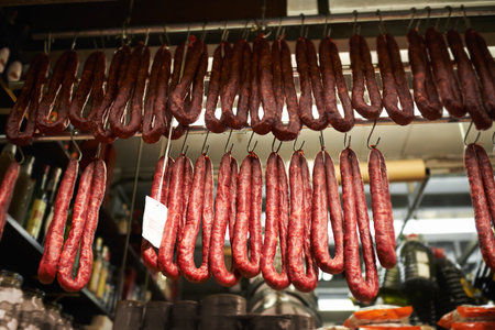 Butchers market. dried sausages hanging on hooks at a market stall.の写真素材