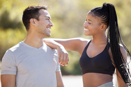 Asian man, black woman and fitness teamwork in nature park and garden environment in workout,...