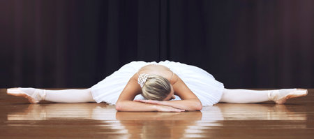 Ballet, stage and dance with woman stretching in split training and getting ready for theatre,...