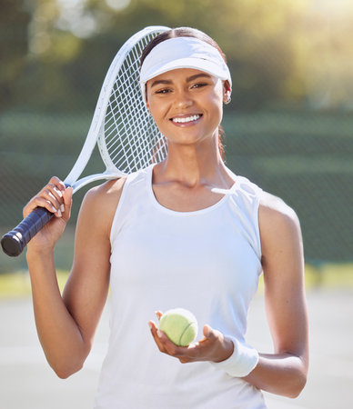 Tennis, fitness and sport woman with racket for training, exercise and workout on tennis court. Portrait, smile and motivation with tennis ball for energy, health wellness or winner mindset for matchの写真素材