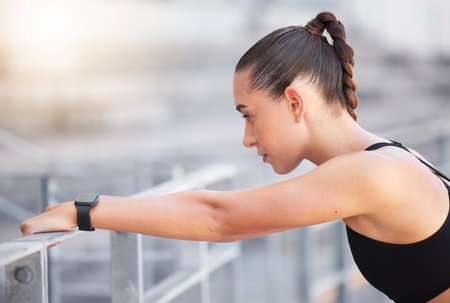 Workout relax, thinking sports and woman with fitness idea, training for motivation and running in...