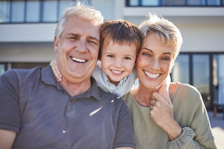 Portrait happy child and grandparents together outdoor with smile, love and bonding with as a...